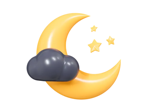 Luna creciente con nubes y estrellas  3D Icon