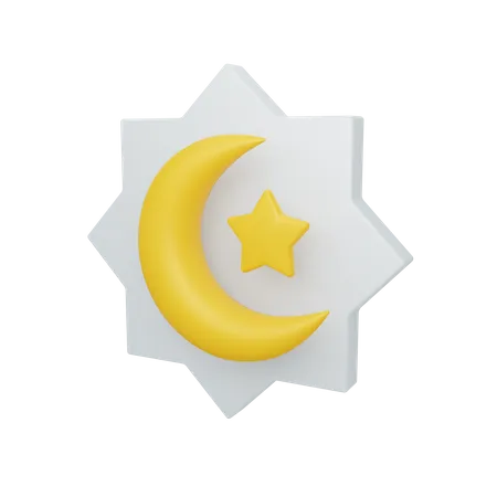 Luna creciente y estrella con adorno.  3D Illustration
