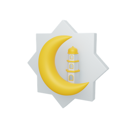 Luna creciente y mezquita con adorno.  3D Illustration