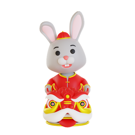 Lunar Rabbit Behind Barongsai  3D Illustration