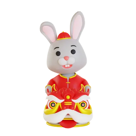 Lunar Rabbit Behind Barongsai  3D Illustration