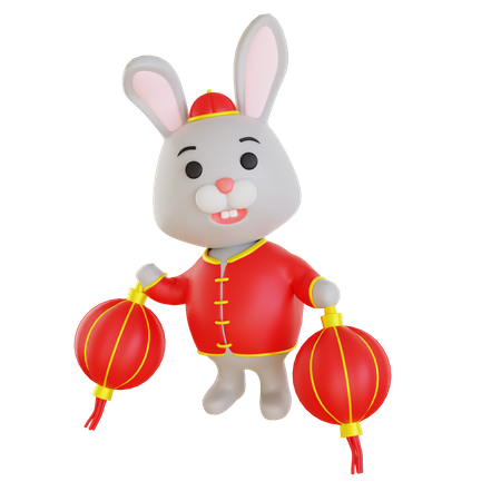 Lunar Rabbit Holding Lantern  3D Illustration