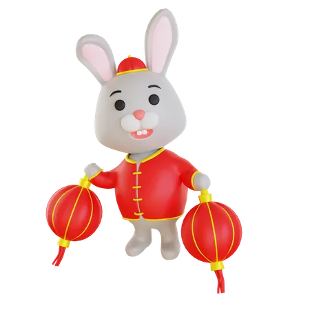 Lunar Rabbit Holding Lantern  3D Illustration