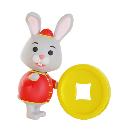 Lunar Rabbit Pushing Chinese Coin  3D Illustration