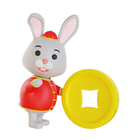 Lunar Rabbit Pushing Chinese Coin 3D Illustration