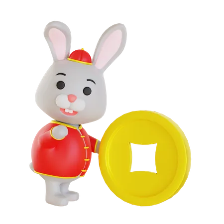 Lunar Rabbit Pushing Chinese Coin 3D Illustration