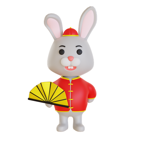 Lunar Rabbit Using Hand Fan  3D Illustration