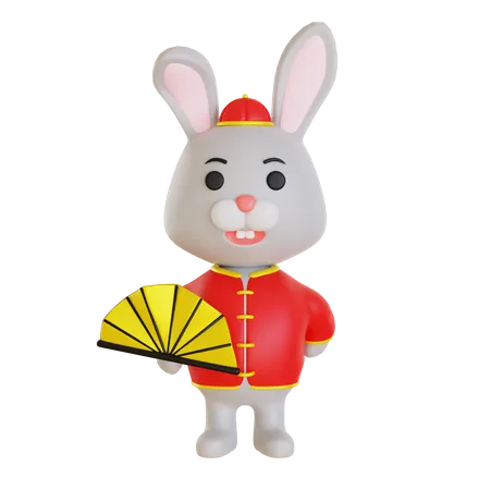 Lunar Rabbit Using Hand Fan  3D Illustration