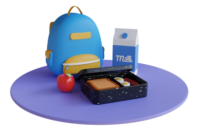 Lunch box and bag with delicious food  3D Illustration