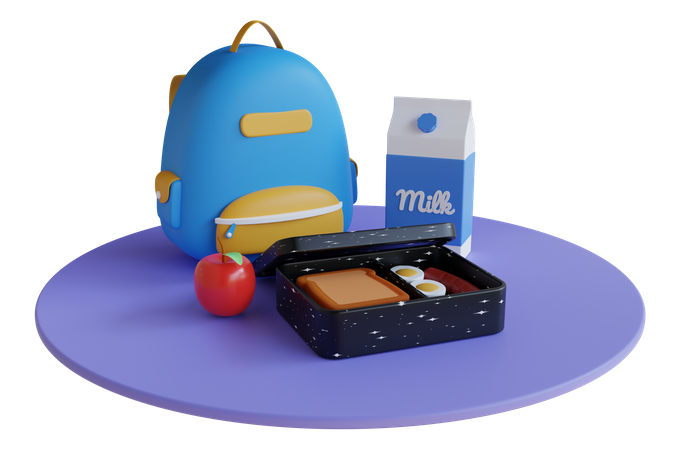Lunch box and bag with delicious food 3D Illustration