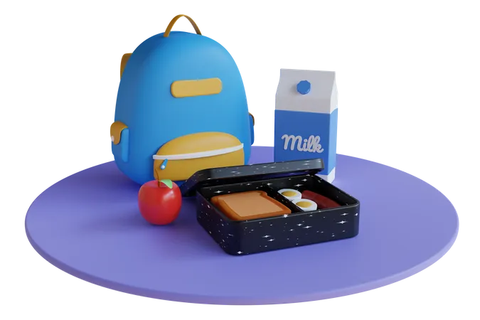 Lunch box and bag with delicious food 3D Illustration
