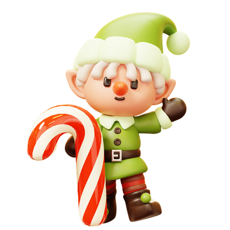 Elfe de Noël avec canne en bonbon  3D Icon