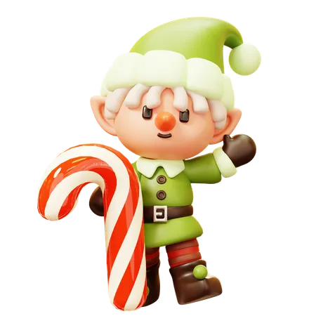 Elfe de Noël avec canne en bonbon  3D Icon