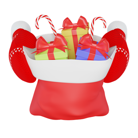 Luvas de malha vermelhas segurando um saco de Papai Noel com presentes e doces  3D Icon