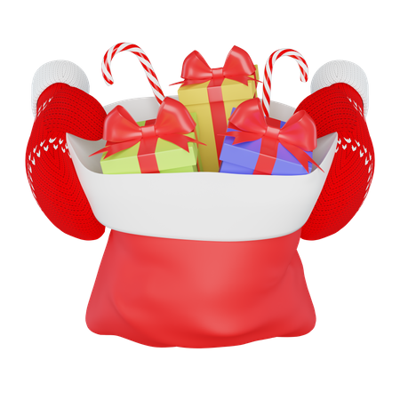 Luvas de malha vermelhas segurando um saco de Papai Noel com presentes e doces  3D Illustration