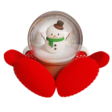 Luvas vermelhas de malha seguram um globo de neve de lembrança com um boneco de neve  3D Icon
