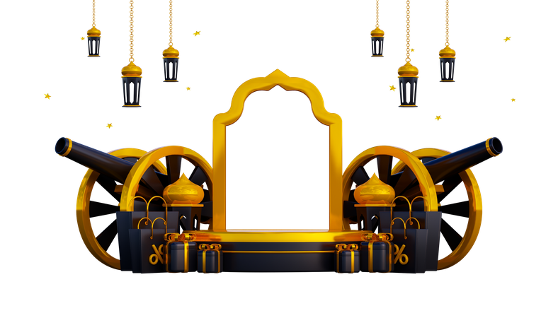 Luxury Ramadan Podium With Gift And Cannon  3D Illustration