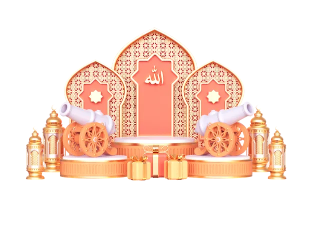 Luxury Ramadan Podium With Gift And Cannon  3D Illustration