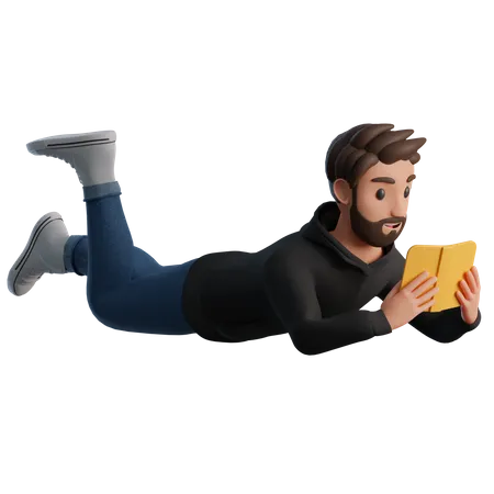 Lying man reading a book  3D Illustration