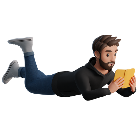 Lying man reading a book  3D Illustration