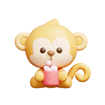 Macaco fofo tomando café  3D Icon