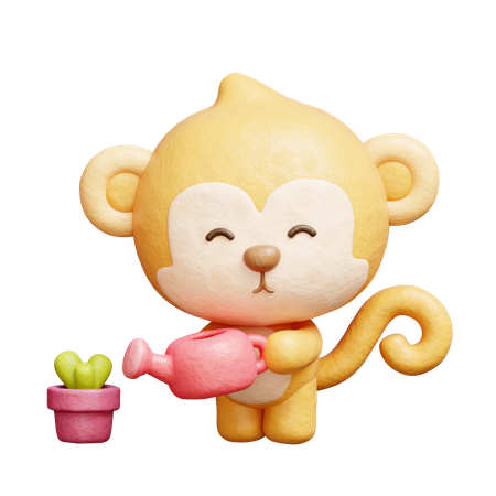 Macaco fofo regando planta  3D Icon