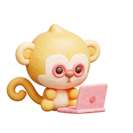 Macaco fofo trabalhando no laptop  3D Icon