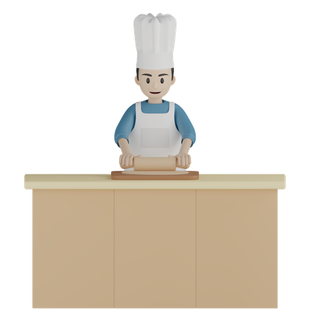 Cozinheiro masculino rolando massa usando rolo  3D Illustration