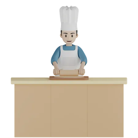 Cozinheiro masculino rolando massa usando rolo  3D Illustration
