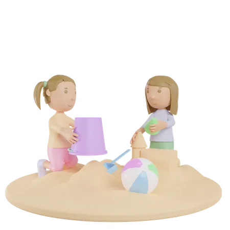Mädchen am Strand spielen mit Sand  3D Illustration