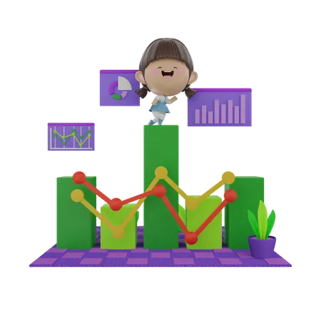 Mädchen analysiert Wirtschaftsstatistiken  3D Illustration