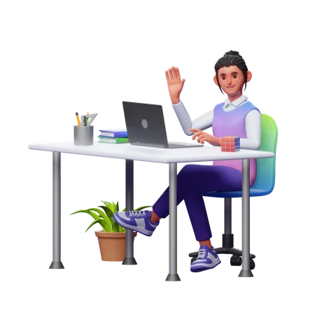 Mädchen arbeitet im Büro  3D Illustration