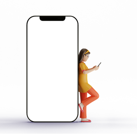Mädchen benutzt Handy, während es hinter einem großen Handy steht  3D Illustration