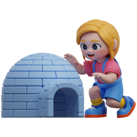 Mädchen Charakter Gebäude Iglu  3D Illustration