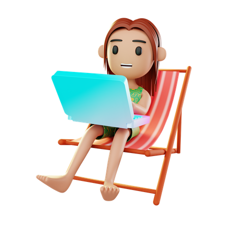 Mädchen entspannt sich am Strand und arbeitet am Laptop  3D Illustration