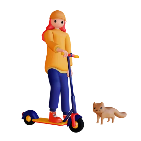 Mädchen reitet Elektroroller mit Katze  3D Illustration