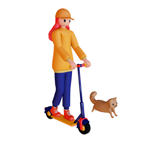 Mädchen reitet Roller mit Katze  3D Illustration