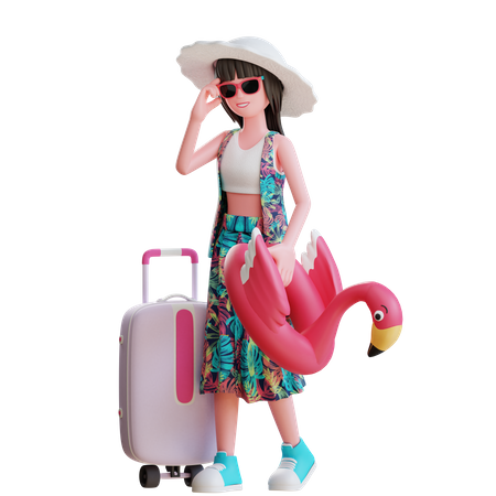 Mädchen geht mit Entenschwimmer am Strand auf Reisen  3D Illustration