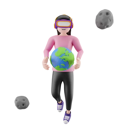 Mädchen genießt Metawelt mit Headset  3D Illustration
