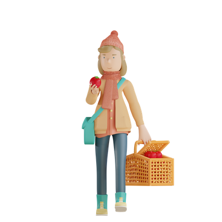 Mädchen mit Apfel und Einkaufskorb  3D Illustration