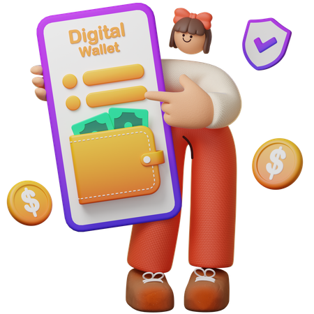 Mädchen hält Handy mit Login zur digitalen Geldbörse  3D Illustration