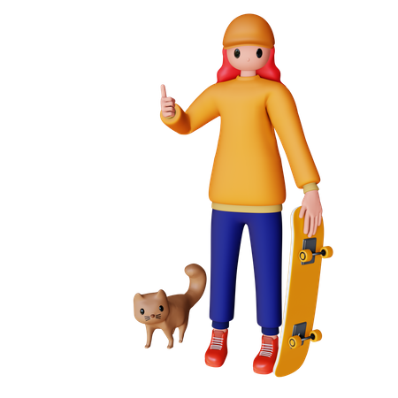 Mädchen hält Skateboard mit Haustier  3D Illustration