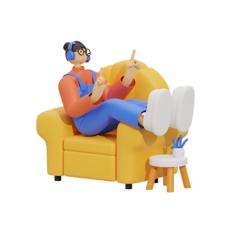 Mädchen hört Lied auf der Couch  3D Illustration