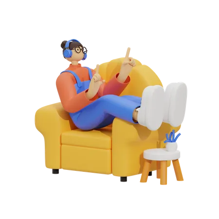 Mädchen hört Lied auf der Couch  3D Illustration