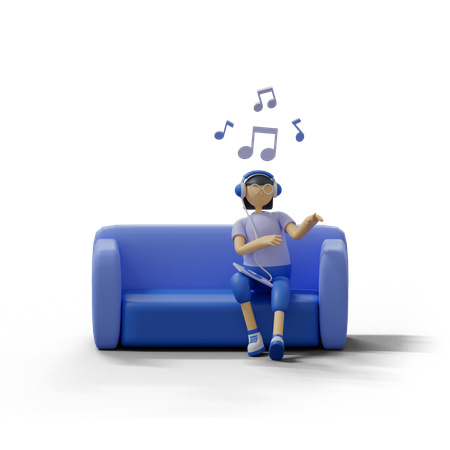 Mädchen hört Musik auf dem Sofa  3D Illustration