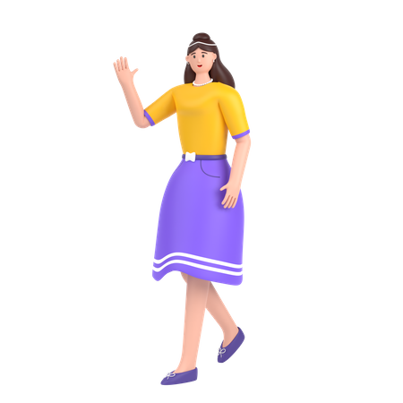 Mädchen in Gehpose und winkender Hand, um Hallo zu sagen  3D Illustration