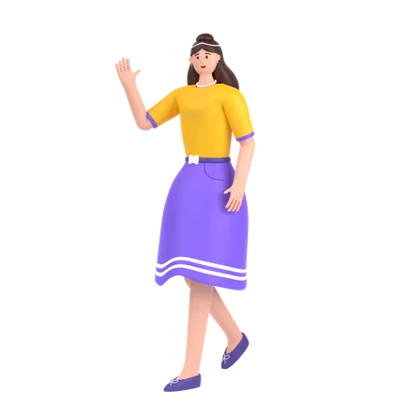 Mädchen in Gehpose und winkender Hand, um Hallo zu sagen  3D Illustration