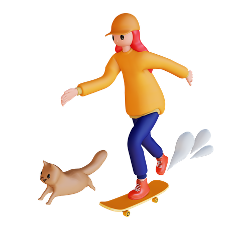 Mädchen läuft auf Skateboard mit Haustier  3D Illustration