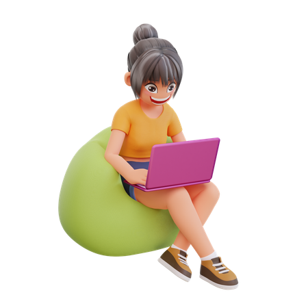 Mädchen lernen zu Hause am Laptop  3D Illustration