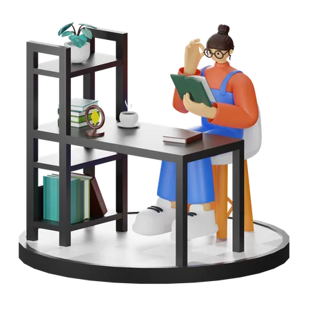 Mädchen liest Buch  3D Illustration